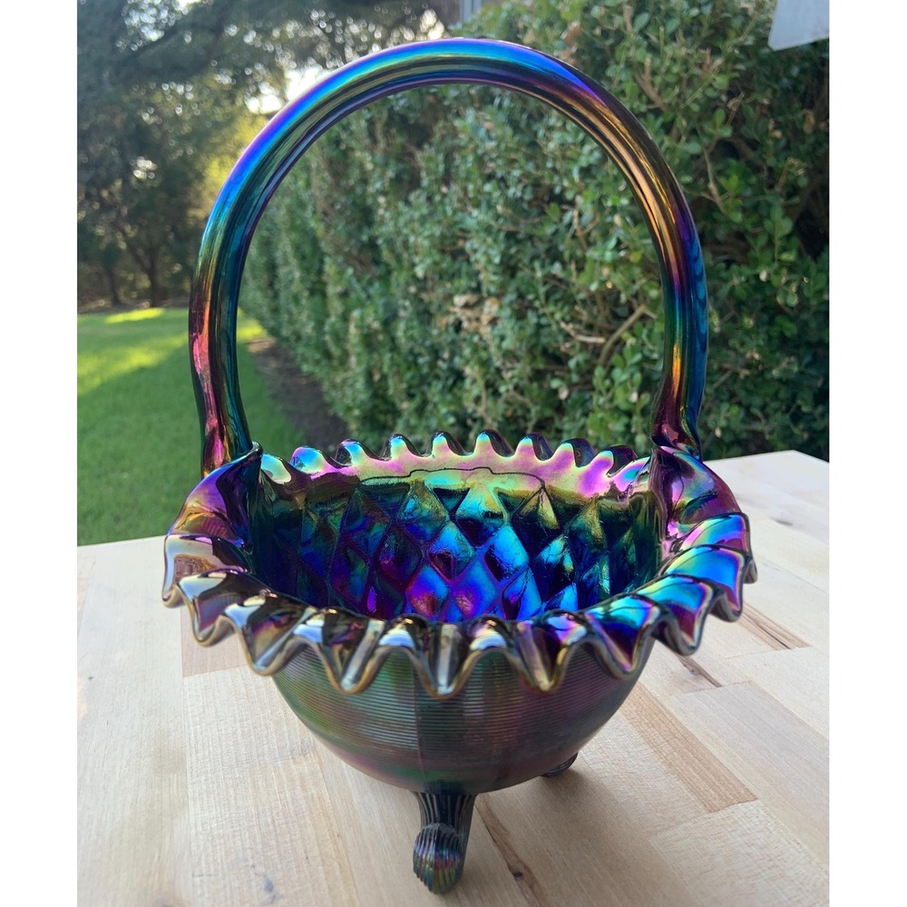 Vintage Blue Lustre Glass Basket by Fenton